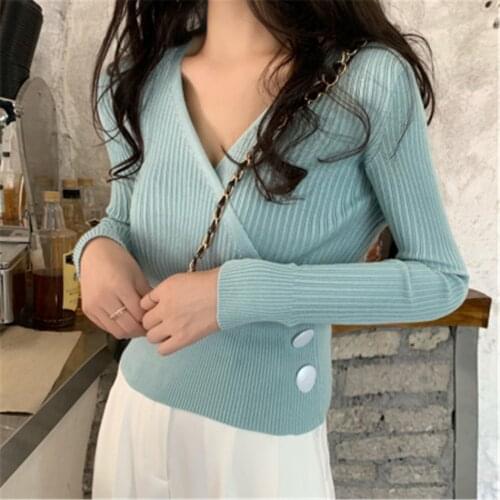 2020 Autumn Winter Simple All-match V-neck Cross Women Pullovers Slim Female Knitted Sweater Tops Full Sleeve Jumpers PZ2774