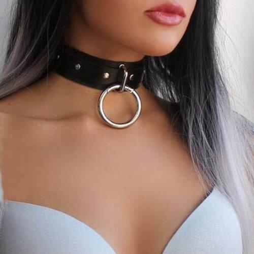 Leather Sexy Choker For Women Necklace Gothic Metal Ring Belt Necklace Bondage Harness Gothic Necklace Exotic Accessories