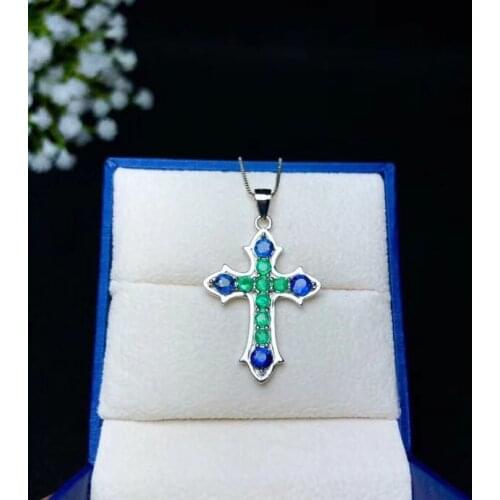 Natural emerald cross Pendant necklaces natural sapphire pendant S925 silver Retro personality Women party luck fine jewelery