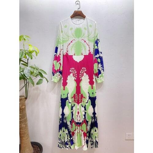 Europe spring 2021 runways Fashion womens High quality print long sleeves pleated dress B684