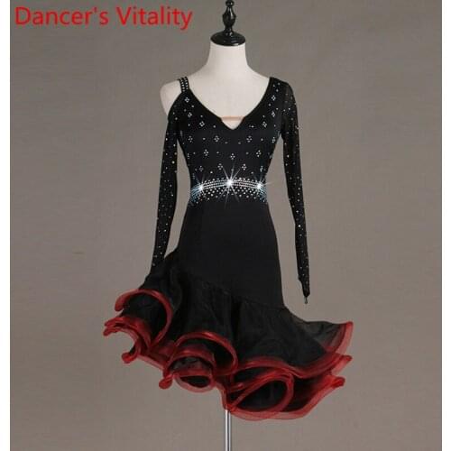 Adult Women Lady Modern Dance V-neck Rhinestone Dress Performance Costume Rumba Cha Cha Samba Salsa Dancing Wear Clothes Suit