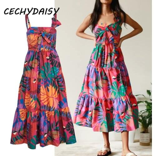 Beach Summer Spaghetti Strap Dress Women Bow Floral Print Sleeveless Vintage Square Neck A-Line Chic Lady Party Boho Dresses Y2k