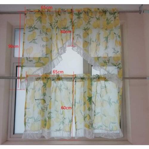 1 Set Yellow Lemon Drop Tier and Valance Swag Curtain for Kitchen Cafe Garden Lace Short Voile Bay Window Tenda
