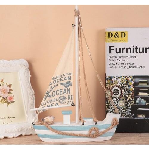 1PC Wooden Sailboat with LED Adornment Mediterranean Style Sailing Boat Model Craft Home Room Decoration