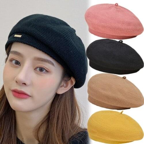 2021 Fashion Women Autumn Winter Warm Beret Caps Solid Color Knitted Cotton Hats Adjustable Tape Berets Lady Winter Caps