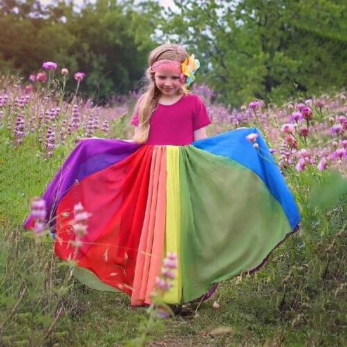 2020 New Baby Girl Cotton Fashion Rainbow Short Sleeve Color Block Colorful Party Dresses for Kids Princess Kids Dress 1-7years