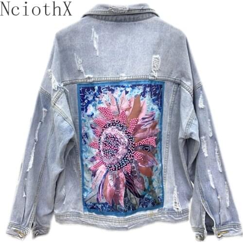 2021 New Style Print Womens Denim Jacket Coat Diamonds Hole BF Jeans Outwear Female Spring Autumn Casual Loose Cowboy Outwear
