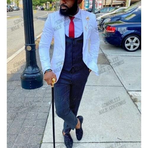 2021 Navy Blue Men Suits Stripe Vest Pants Design White Blazer For Wedding Groom Tuxedos Set Vintage Retro 3 Piece Costume Homme