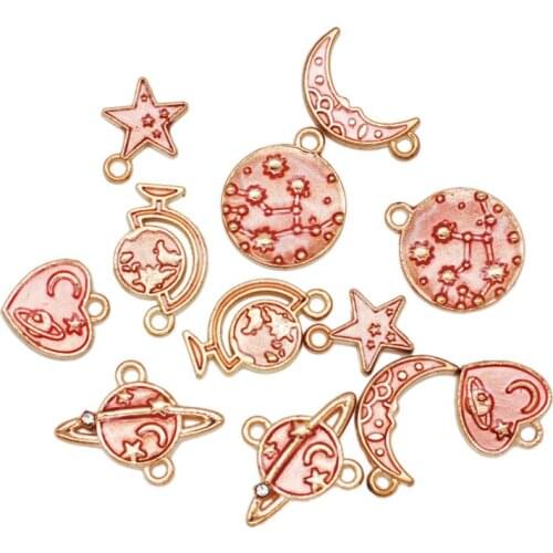 30pcs/Lot Enamel Pink Sun Moon&Stars Charms Alloy Metal KC Gold Tone Universal Pendants For DIY Earrings Jewelry Making Crafts