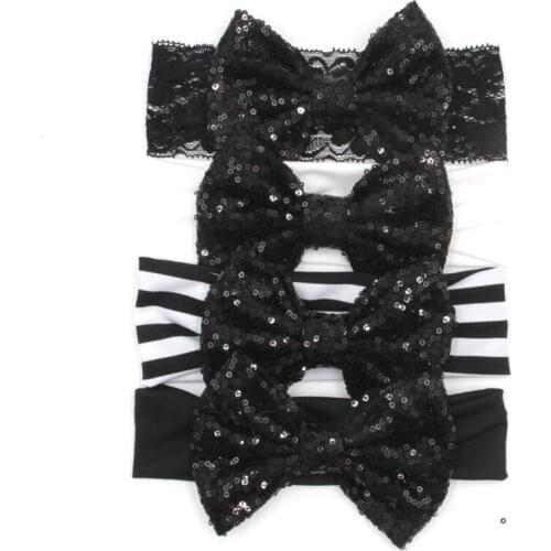 4pcs/lot Trendy Solid 5'' Sequins Bow Lace Kids Girls' Elastic Headband DIY Headwrap For Kids Bandeau Bandana Children Headwear