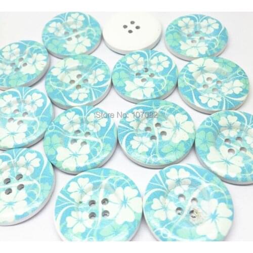 50pcs 30mm Wood Round 4 Holes Buttons Aqua Floral Printed Button Embellishments Scrapbooking Cardmaking