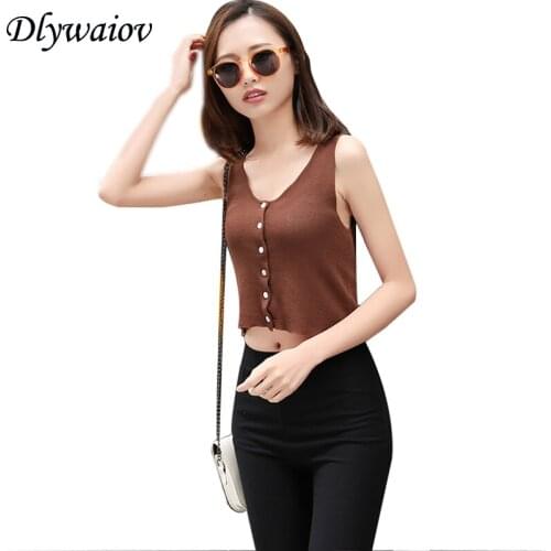 Sleeveless Knitted Women Button Cardigan Vest Sexy Tank Top Femme Slim Elasticity Lurex Tops Fashion Solid Shirt Female New