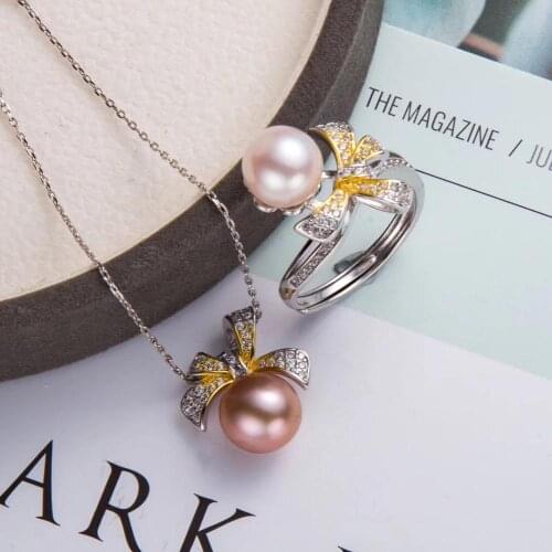 Bowknot 925 Sterling Silver Ring Pendant Set Mountings Findings Beautiful Jewelry Set Parts Fittings Womens Female Accessories