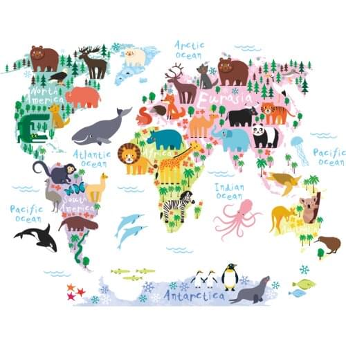 Colorful Cartoon animal World Map Wall Sticker Kids Room Nursery Decoration Vinyl Poster Wall Decals Art Mural Stickers
