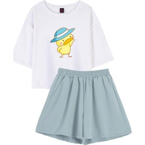 Summer Cotton Kawaii Duck T Shirt Harajuku Crop Top Casual Y2k Outdoors Clothes High Waist Go with Shorts for Women Pajama Sets