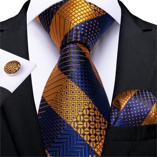 Fashion Striped Tie For Men Gold Blue Silk Wedding Tie Hanky Cufflink Gift Tie Set DiBanGu Novelty Design Business Party MJ-7329