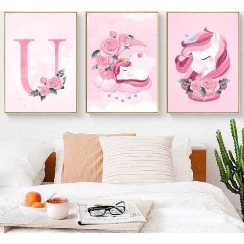 Pink Cartoon Canvas Painting Posters And Prints Unicorn Nursery Wall Art Pictures Pink Flower For Girls Bedroom Home Decor