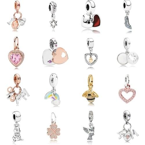 NEW 2021 100% 925 Sterling Silver Love Pink Gem Bee Four-Leaf Clover Charm Pendant Fit DIY Original Bracelet Fshion Jewelry Gift