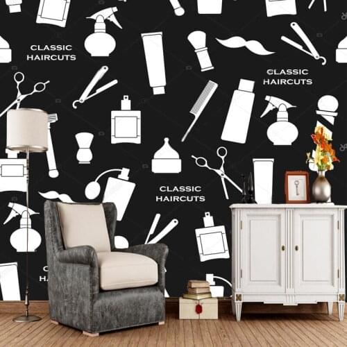Barber wallpaper,Barbershop vintage pattern black and white for living room shopping center background wall PVC papel de parede