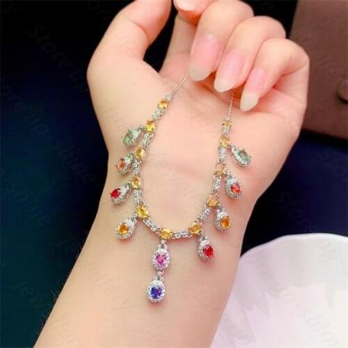 Natural Multicolor Sapphire Necklace 925 Silver Lady Necklace Candy Color Fresh and Cute