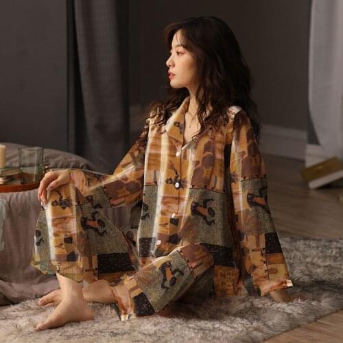 Pajamas new arrival long-sleeve cotton printed nightgowns lapel casual plus size home service pijamas women sleepwear 2PCs