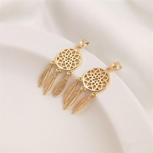 14K Gold Filled Flower net three hanging feather pendant flow susen handmade DIY clavicle necklace earring pendant