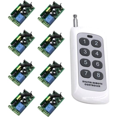 Top Quality 85V 110V 220V 250V 10A 1CH Wireless Remote Control Switch 8*Receivers + 8Key Transmitter Learning Code Adjustable