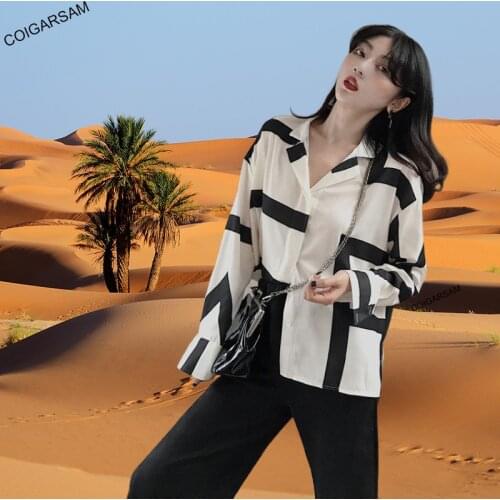 COIGARSAM Shirt Womens Tops Autumn 2021 Casual Vintage Striped Graphic Print Turn-down Collar Straight White Women Shirts