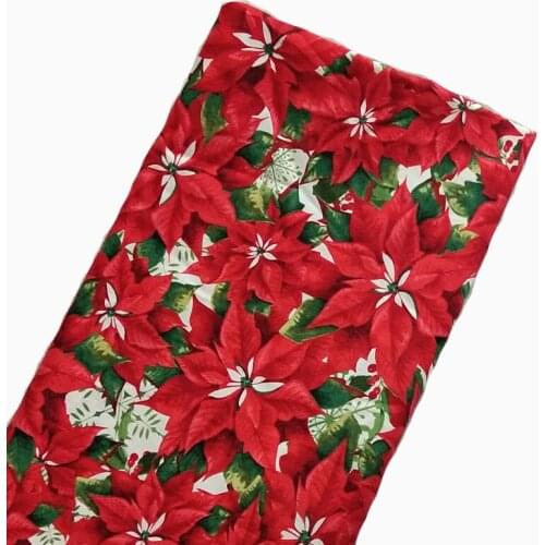 Pretty Christmas Red Blooming Flowers Printed Cotton Fabric 50x105cm DIY Sewing Cloth Dress Home Decoration