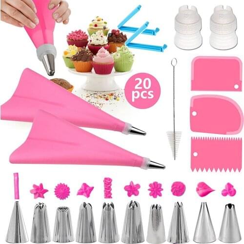 20Pcs Cake Decorating Tools Silicone Icing Piping 10 Stainless Steel Nozzle Scraper Pastry Tools Bakery Accessories
