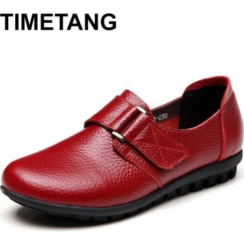 TIMETANG Leather middle-aged women single shoes mother fashion soft leather shoes comfortable leather tie ladies flat shoes C208
