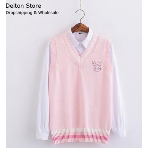 Hot Pink Small rabbit Embroidery Sweater Vest JK High School Student Girls Uniform Japanese Style V-Neck Knit Vest Pullover