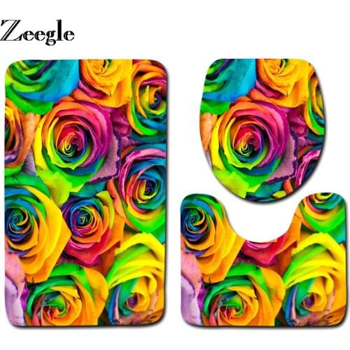 Zeegle Flower Printed 3pcs/set Bathroom Rug Anti-slip Bathtub Mat Bathroom Carpet Flannel Mats For Toilet Bathroom Floor Mats