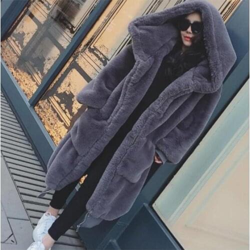 2021 New Casual Women Fur Jacket Outwear Oversized Winter Warm Hooded Large Size Long Solid Color Faux Fur Coat