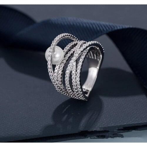 Fashion Elegant Multi Layer Cross Pearl Rings For Women Luxury Shiny Full Zircon Wedding Rings Valentines Gift Zk45