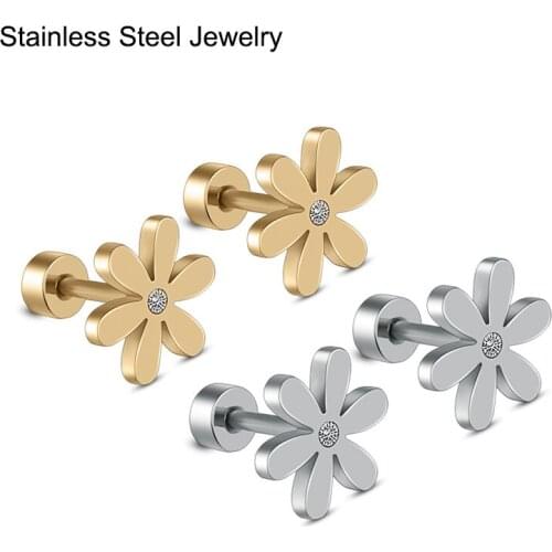 Fashion Small Stud Earrings For Women Girls Stainless Steel Flower Earrings Cute Jewelry Gold Color Screw Back
