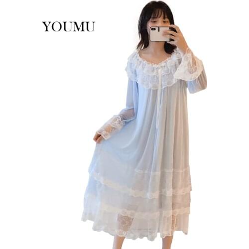 Womens Lolita Princess Sleepshirts Vintage Palace Style Dress Lace Nightgowns Victorian Ruffles Lace Sleep Loungewear 912-A175