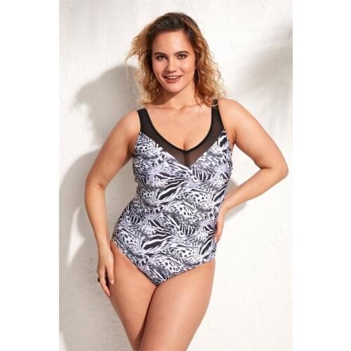 Ola Chicas V Neck Tulle Detail Black And White Patterned Swimwear 2021 New Fashion Plus Size Swimsuit For Women 4xl 5xl 6xl