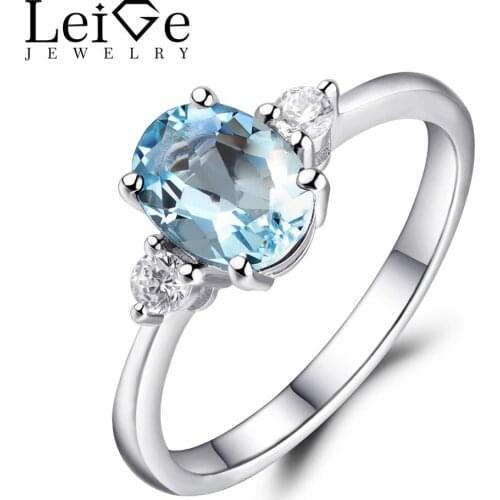 Leige Jewelry March Birthstone Oval Cut Gemstone Rings Natural Aquamarine Engagement Ring Sterling Silver 925 for Women
