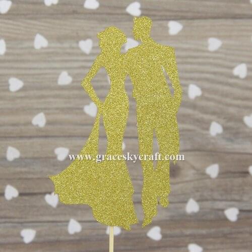 12pcs free shipping Glitter paper Wedding Cakes Toppers Bride and Groom designWedding cupcake picks Party Favors cake decoration