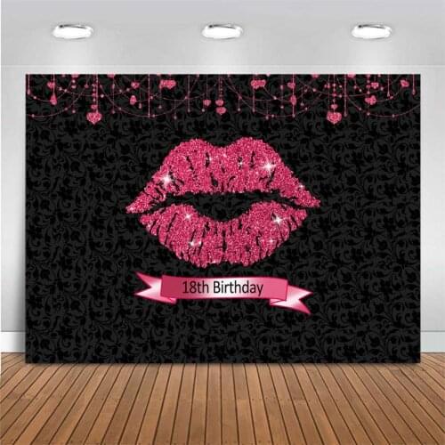 18th Birthday Party Backdrop Pink Lips Glitter Photography Backdrop Happy Birthday Decoration Photo Background For Photo Studio