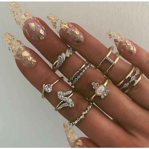 9 Pcs/Set Bohemian Crystal Gem Geometry Finger Rings for Women Gold Color Midi Kunckle Ring Set Party Jewelry Accessories