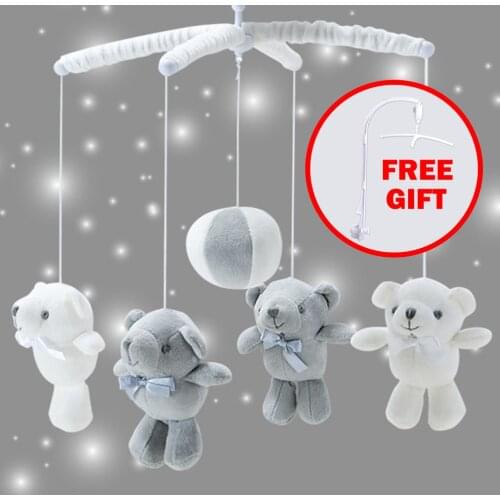 Baby Rattles Crib Mobile White Rattles Bracket Set 0-12M Baby Toys Remote Controll Clockwork Music Box 13Pcs Bear Bed Bell Toys