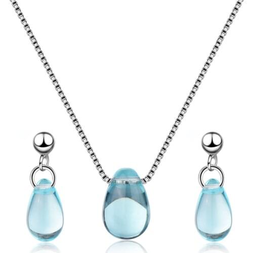 Eelegant 925 Sterling Silver Bridal Wedding Jewelry Sets Blue Water Drop Crystal Pendants Necklaces Earrings Set for Women Gift