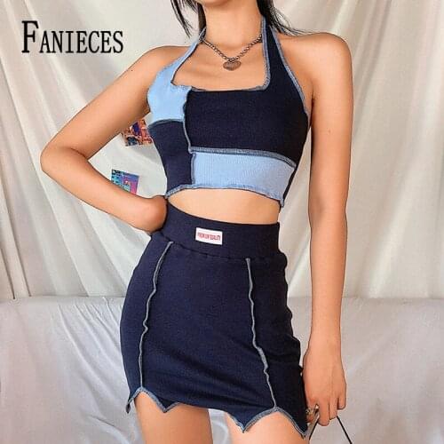 FANIECES Fashion Colorblock Slim Outfit Halter Neck Backless Crop Tops And Irregular Mini Skirt Set Women Summer Sexy Streetwear