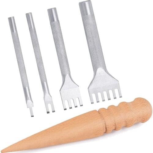 Leather Hole Punch Tool,Leather Chisel 4 mm 1/2/4/6 Prong, Leather Craft Kits with Wooden Burnisher for Leather Work