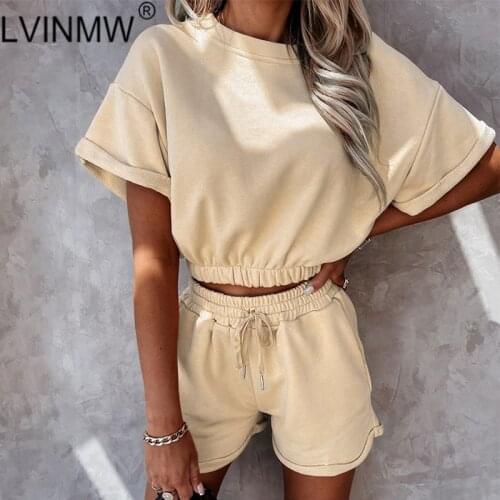 LVINMW Solid Casual Fashion Streetwear Women Two Piece Set O Neck Short Sleeve Waisted Tee Pockets Drawstring High Waist Shorts