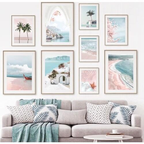Pink Aegean Beach Cherry Palm Sofa Decorative Painting Wall Art Poster Decorative Picture For Living Room Bedroom Home Decor