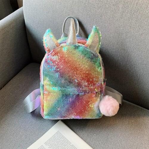 2021 new fashion colorful cool childrens parent-child backpack hair ball ears cute unicorn girl sequins portable backpack small