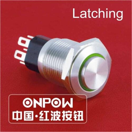 ONPOW 16mm High round IP65 Latching 6V,12V,24V Ring LED Metal Anti-vandal Push Button Switch (GQ16-KH-11ZE/J/S) CE,ROHS